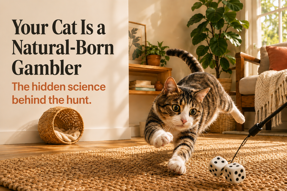 Tabby-and-white cat mid-pounce toward a wand toy with dice on a jute rug in a warm sunlit living room, headline Your Cat Is a Natural-Born Gambler: The hidden science behind the hunt