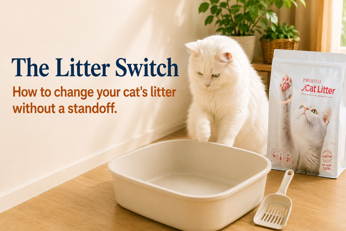 A white cat reaching a paw into a clean cream litter box beside a bag of PawHalo tofu cat litter and a scoop, in a sunlit room