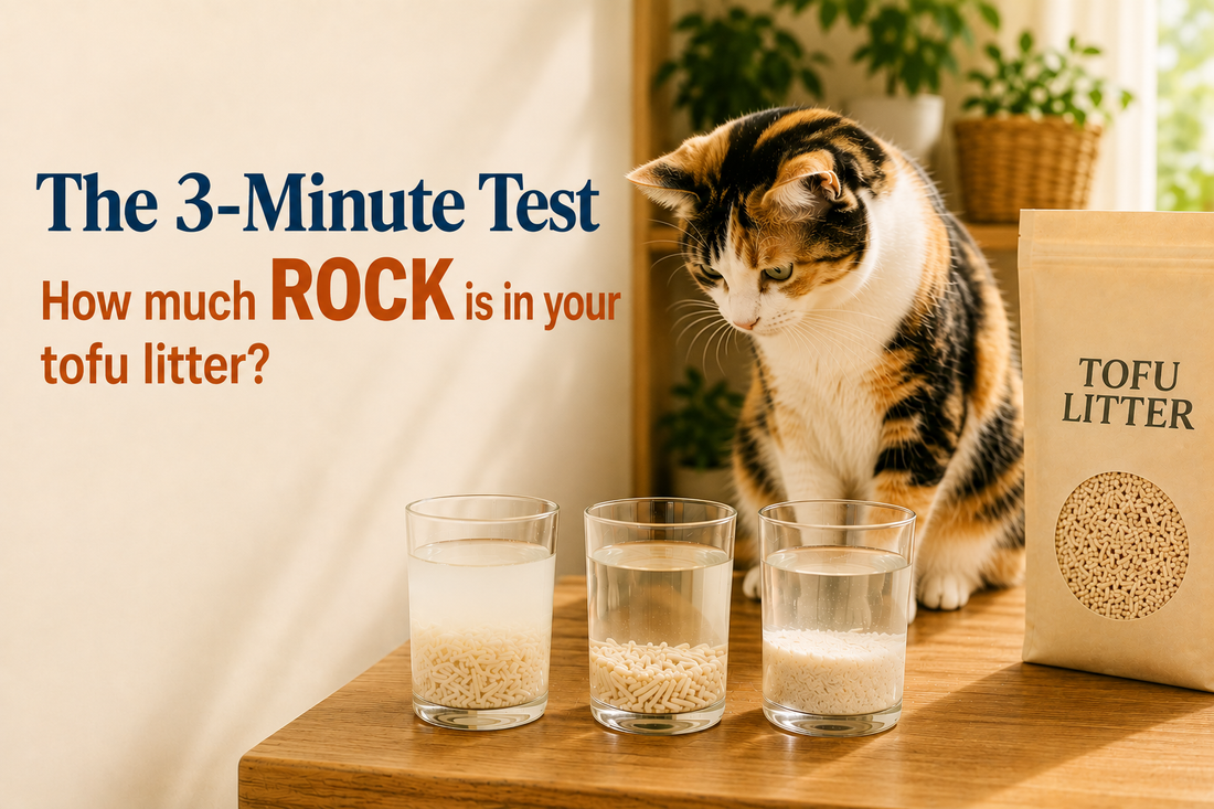 The 3-Minute Test — how much rock is in your tofu litter? Three glasses of water showing tofu cat litter dissolving at different rates, with a calico cat and a bag of tofu litter on a kitchen counter
