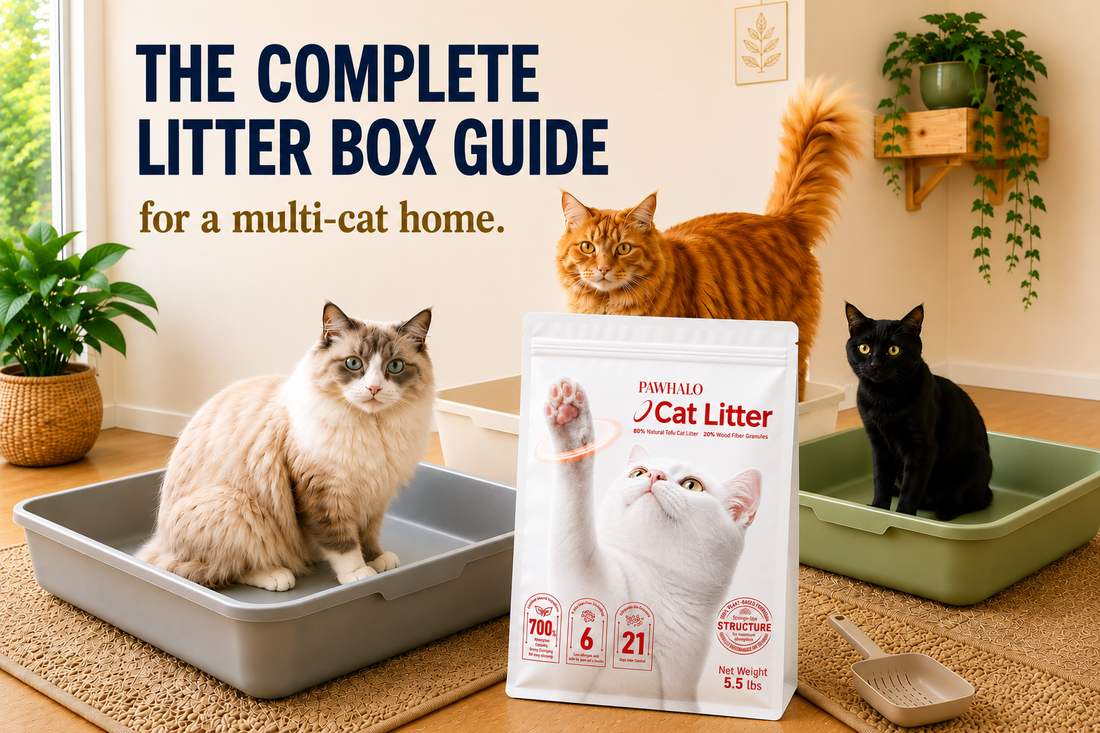 Three cats sitting in open litter boxes beside a bag of PawHalo tofu cat litter in a bright living room — The Complete Litter Box Guide for a multi-cat home