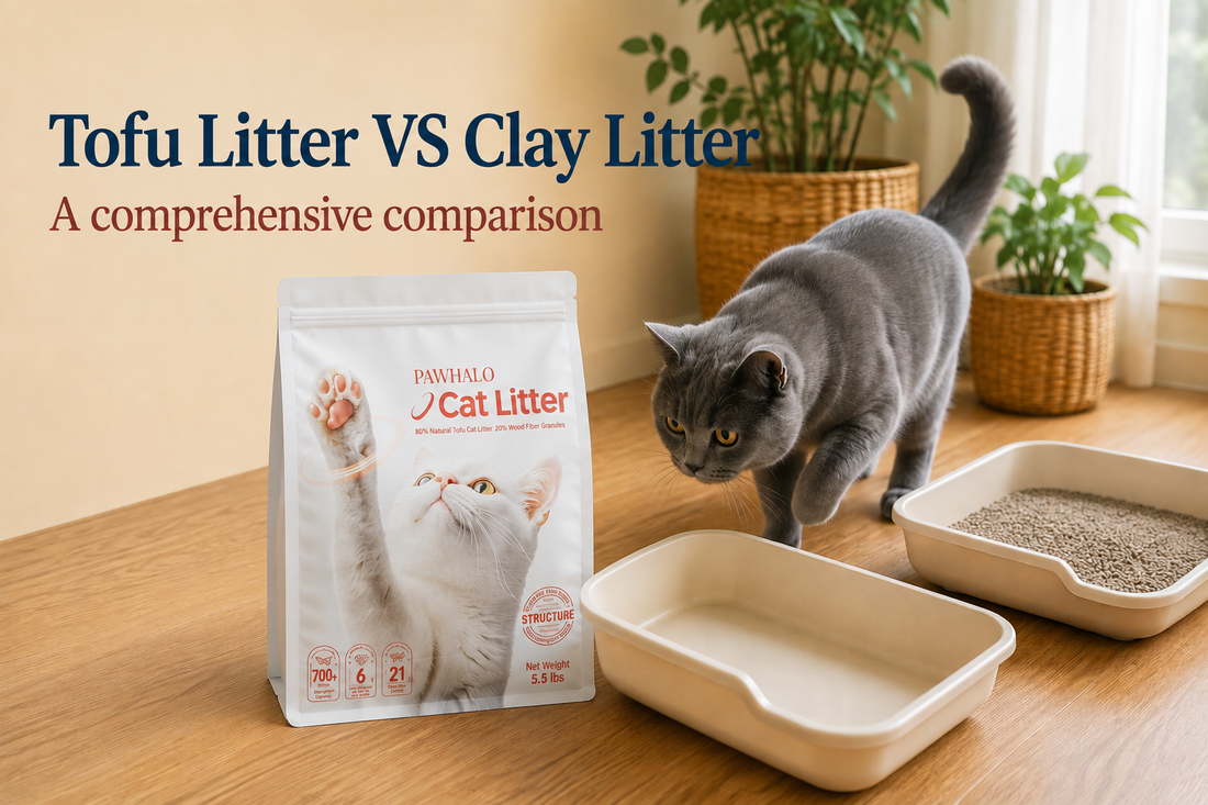 A grey cat stepping toward a cream litter box beside a bag of PawHalo tofu cat litter in a sunlit room, with the headline Tofu Litter VS Clay Litter: A Comprehensive Comparison