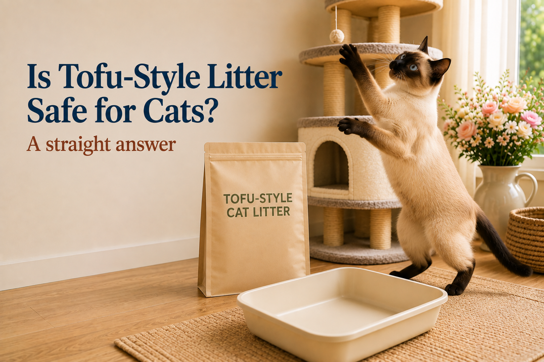A Siamese cat playing at a cat tree beside a bag of tofu-style cat litter and a clean litter box in a sunlit room, with the headline Is Tofu-Style Litter Safe for Cats? A straight answer