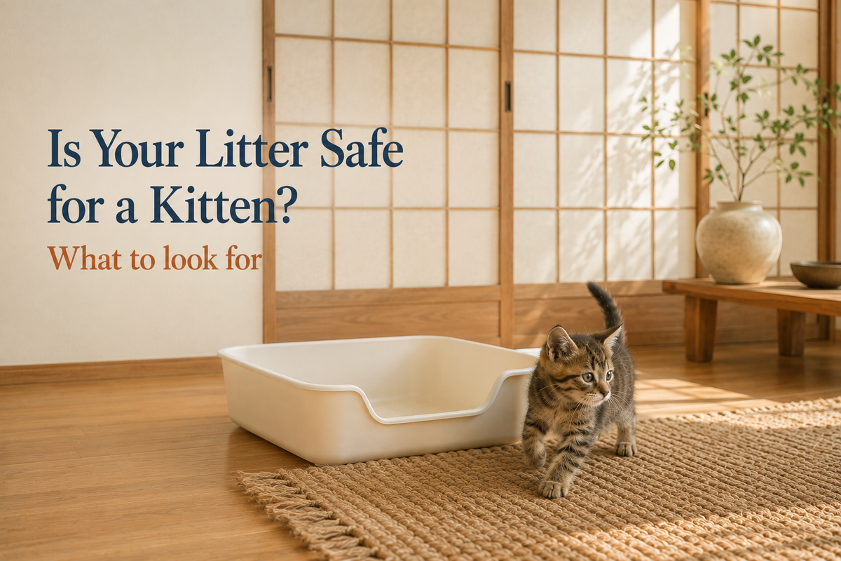 A tabby kitten stepping off a woven rug beside a low-sided cream litter tray in a sunlit room
