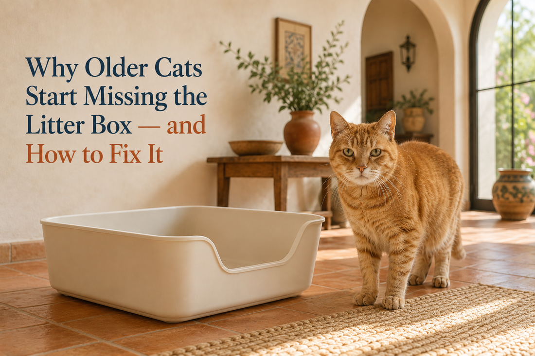 A senior orange tabby cat standing beside a wide cream litter box with a low cut-down entry in a sunlit terracotta-tiled room, with the headline Why Older Cats Start Missing the Litter Box and How to Fix It