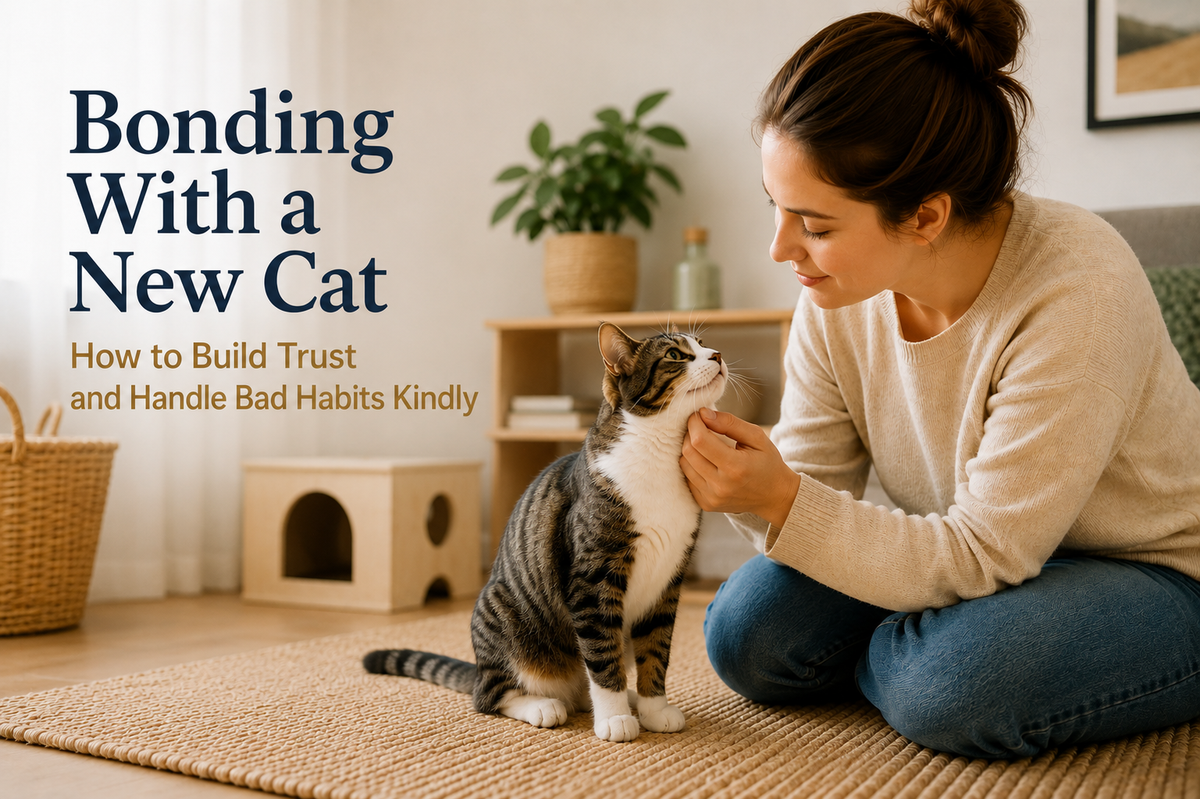 Woman sitting on the floor gently petting a tabby-and-white cat in a cozy living room, with the headline Bonding With a New Cat: How to Build Trust and Handle Bad Habits Kindly