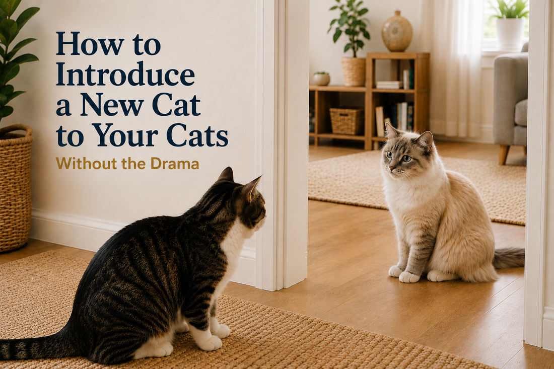 A tabby-and-white cat and a fluffy grey-and-white cat meeting calmly in a bright living room, with the headline How to Introduce a New Cat to Your Cats Without the Drama