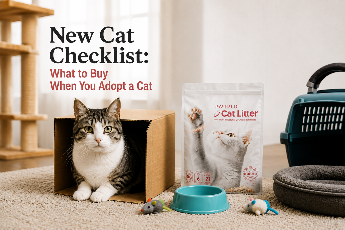 Tabby and white cat in a cardboard box beside a PawHalo cat litter bag, food bowl, toys and a carrier, with the headline New Cat Checklist: What to Buy When You Adopt a Cat