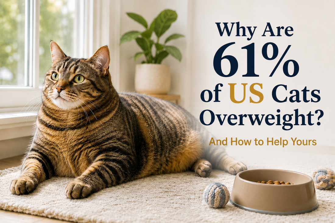 Overweight tabby cat lying by a sunny window next to a food bowl and toys, with the headline Why Are 61% of US Cats Overweight? And How to Help Yours