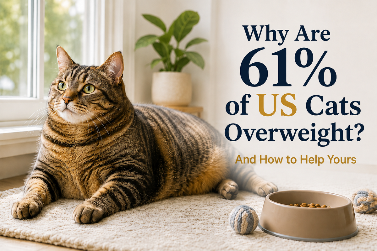 Overweight tabby cat lying by a sunny window next to a food bowl and toys, with the headline Why Are 61% of US Cats Overweight? And How to Help Yours