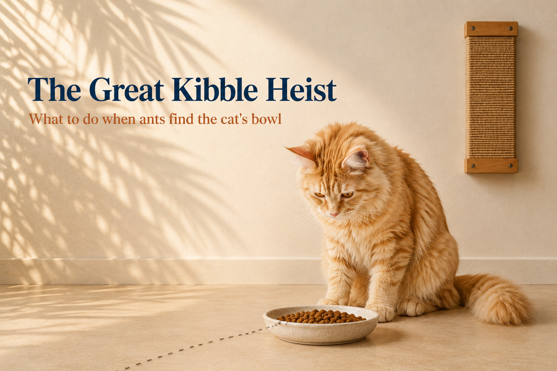 Ginger Maine Coon cat sitting on a sunlit floor looking down into his food bowl as a line of ants approaches, in a bright Los Angeles home, with the headline The Great Kibble Heist: What to do when ants find the cat's bowl