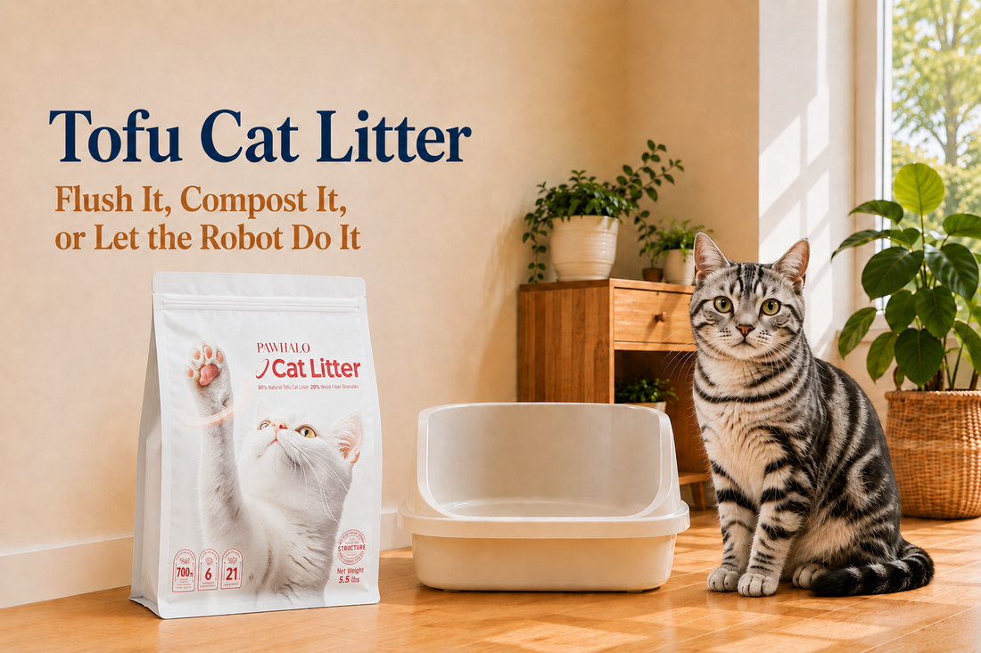 PawHalo tofu cat litter bag beside an open litter box, with a silver tabby cat in a sunlit, plant-filled room.