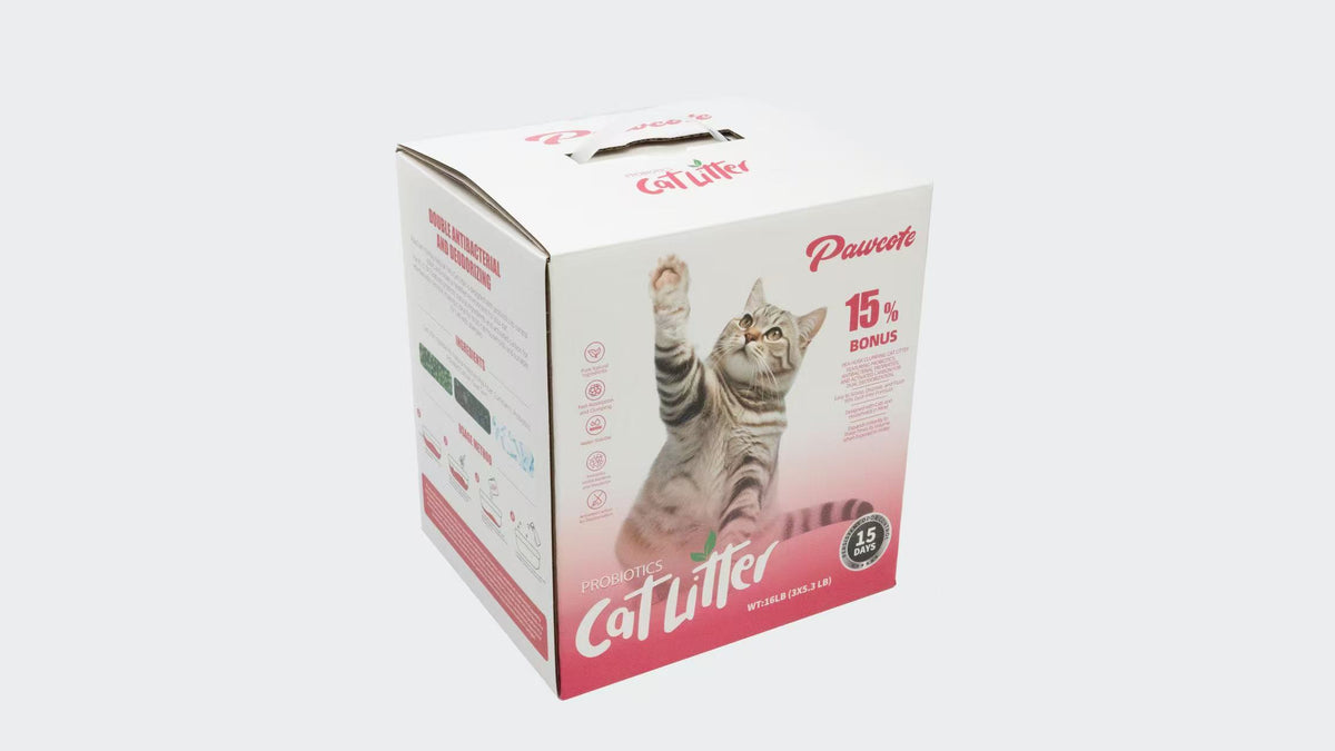 PawCute probiotic tofu cat litter retail box, 16 lb with 15% bonus, on a plain background