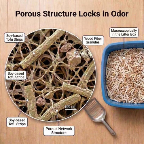 Magnified view of PawHalo's porous tofu strips and wood fiber granules that lock in odor, beside a filled litter box