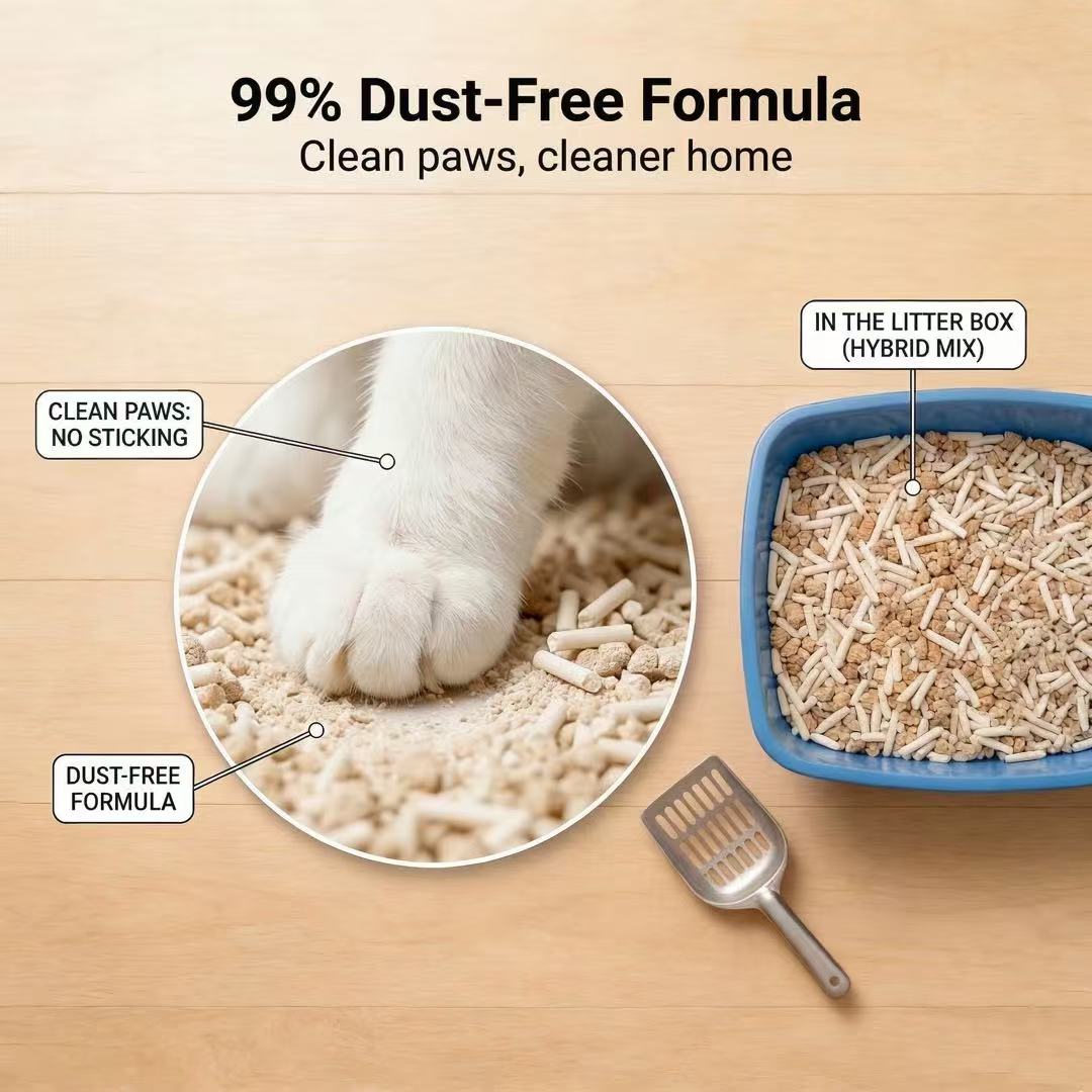 Clean white cat paw stepping out of PawHalo tofu litter — 99% dust-free formula that does not stick to paws