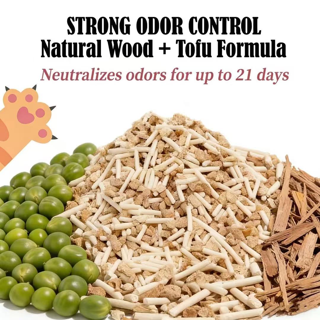 Pile of PawHalo natural wood and tofu litter pellets with peas and wood chips — strong odor control for up to 21 days