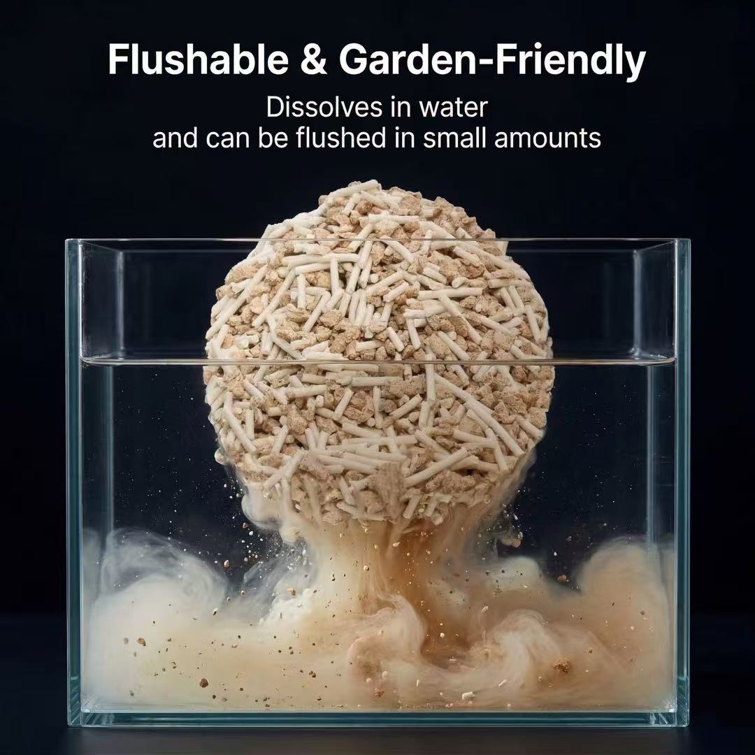 Clump of PawHalo tofu cat litter dissolving in a glass of water — flushable in small amounts and garden-friendly