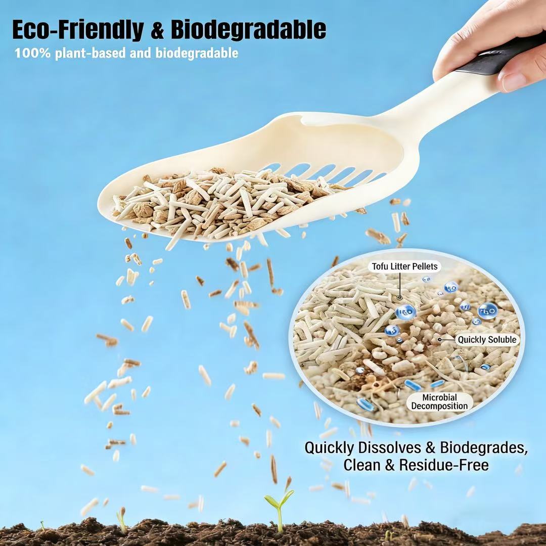 Scoop pouring PawHalo tofu litter over soil with a sprout — 100% plant-based, quickly dissolves and biodegrades