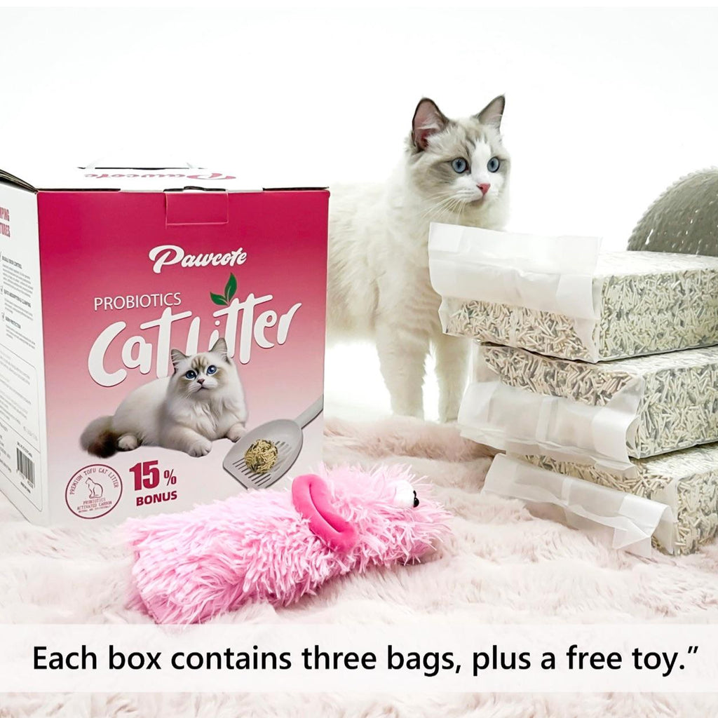 White Ragdoll cat beside the 16 lb PawCute tofu litter box, its three inner bags and the free pink cat toy