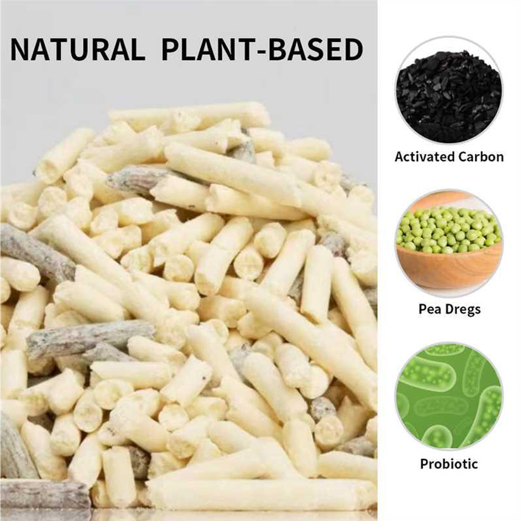Natural plant-based ingredients in PawCute tofu cat litter — activated carbon, pea dregs and probiotics beside tofu pellets