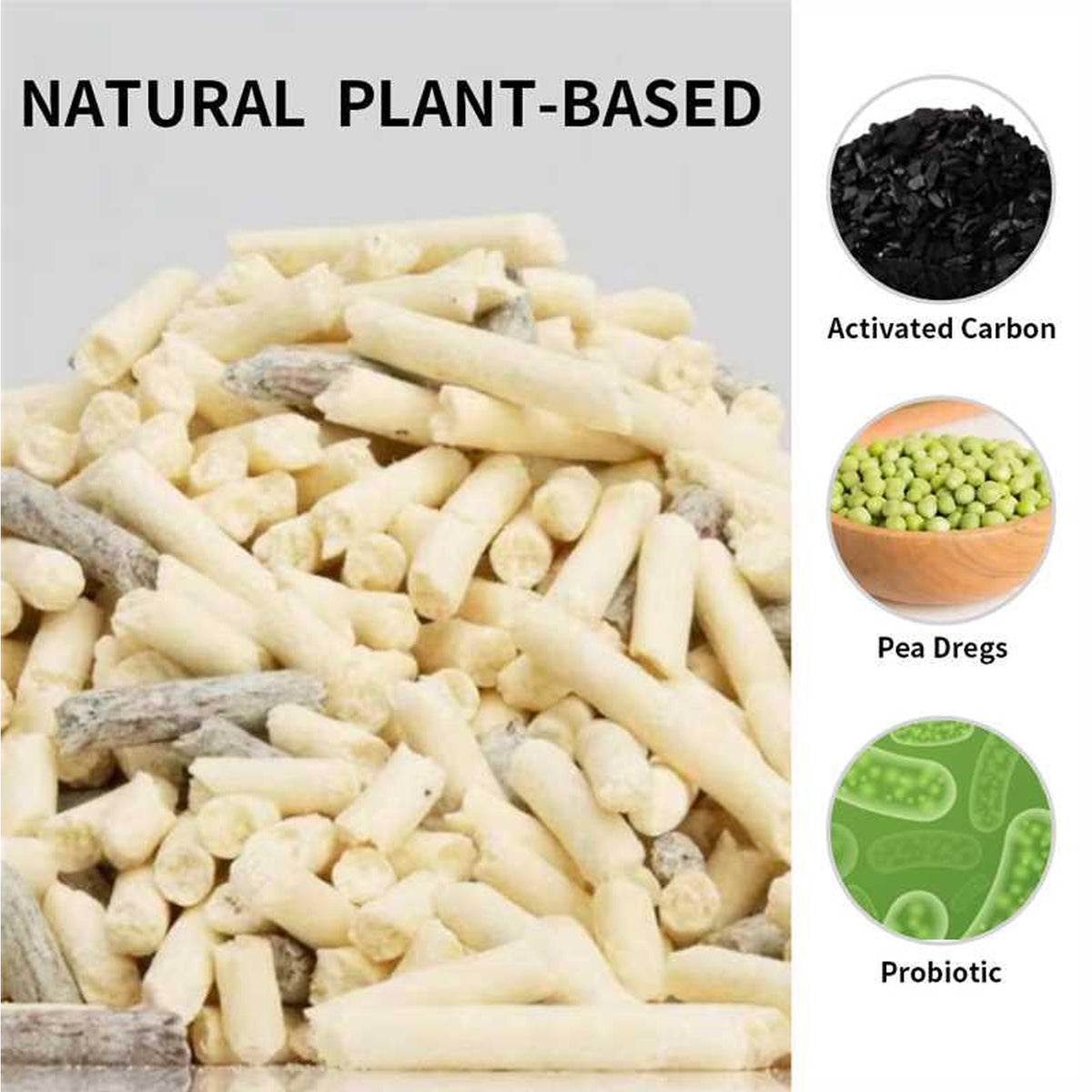 Natural plant-based ingredients in PawCute tofu cat litter — activated carbon, pea dregs and probiotics beside tofu pellets