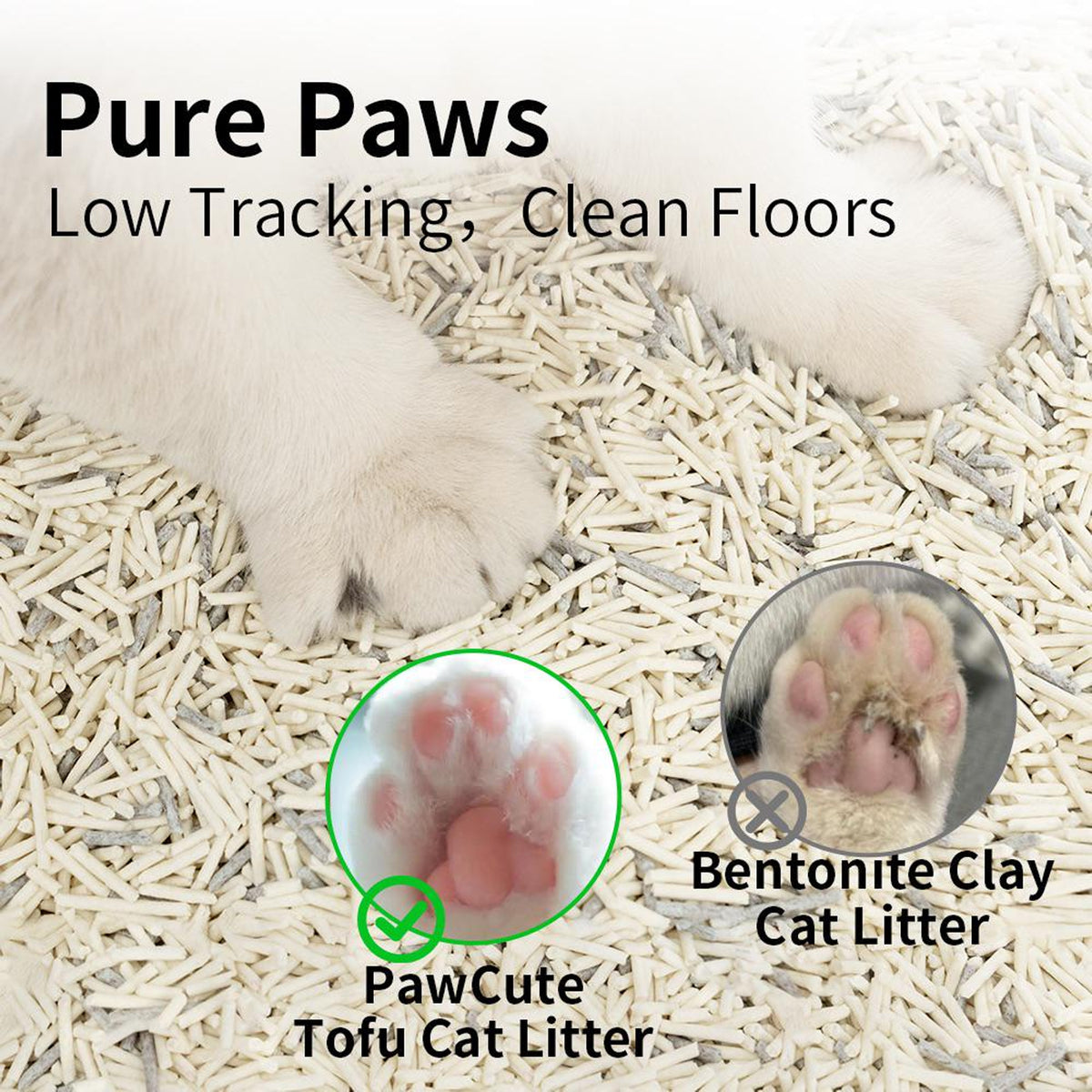Close-up comparison of clean cat paws on PawCute tofu litter versus bentonite clay — low tracking for clean floors