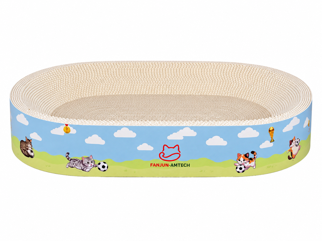 Empty oval cardboard cat scratcher bed showing thick corrugated layers