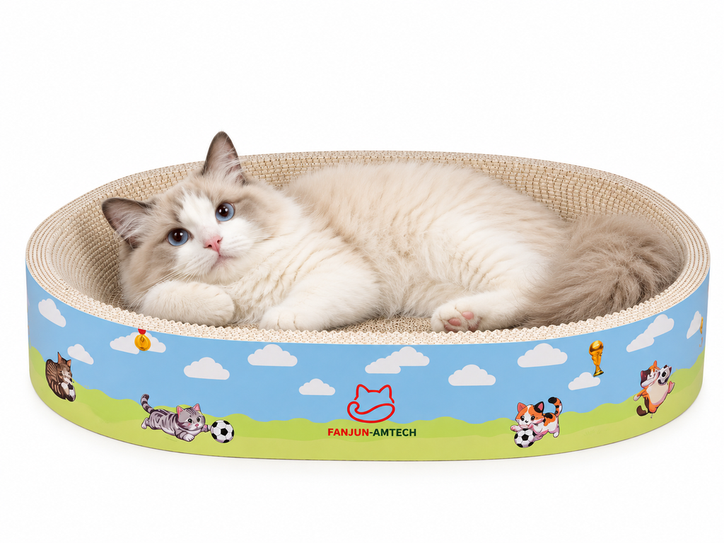 Ragdoll cat lying in an oval cardboard cat scratcher bed