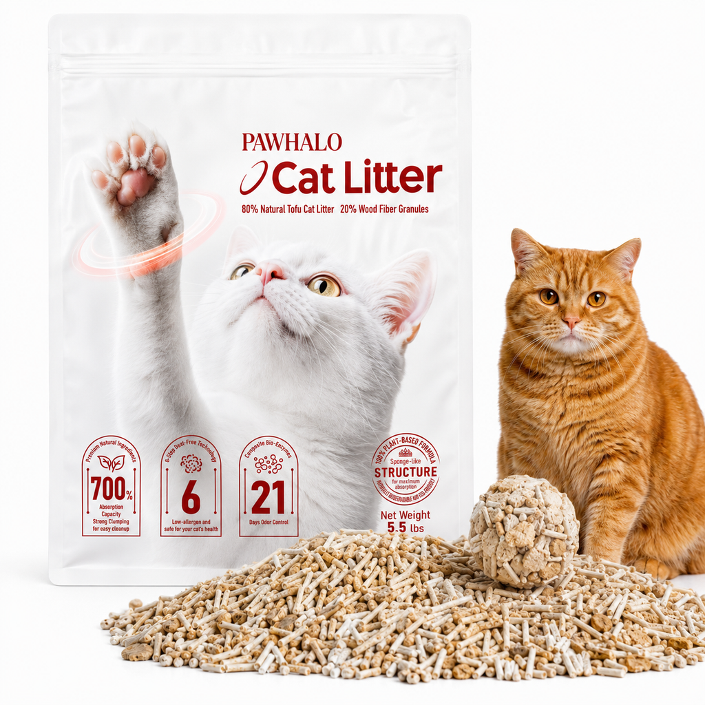 PawHalo 5.5 lb tofu cat litter bag beside a ginger tabby cat and a scattering of tofu litter pellets