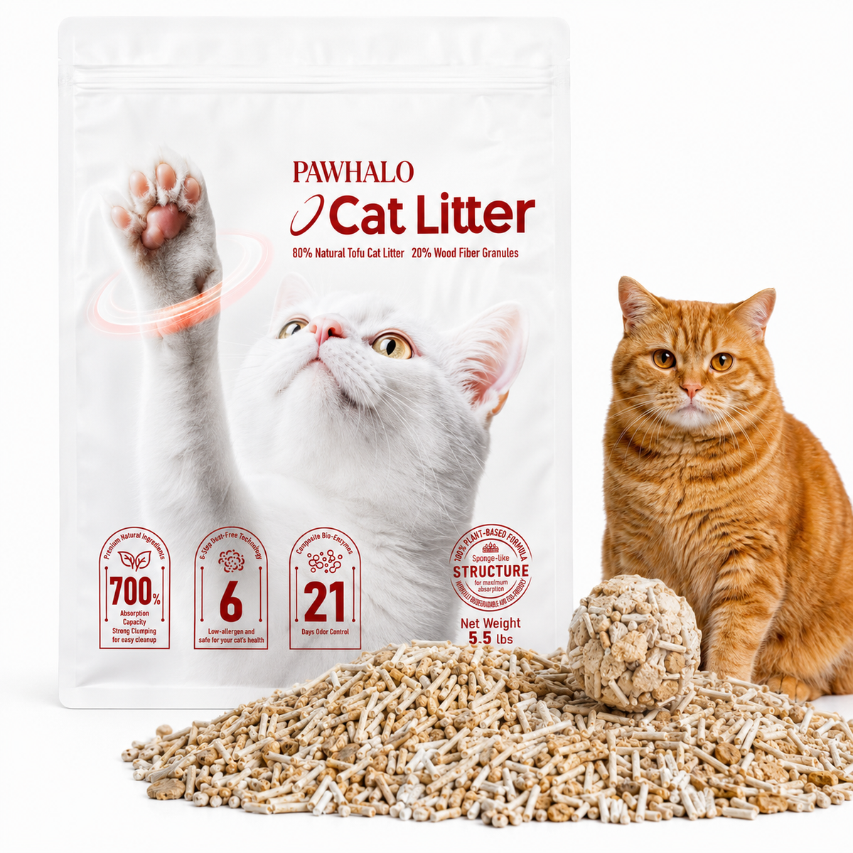 PawHalo 5.5 lb tofu cat litter bag beside a ginger tabby cat and a scattering of tofu litter pellets