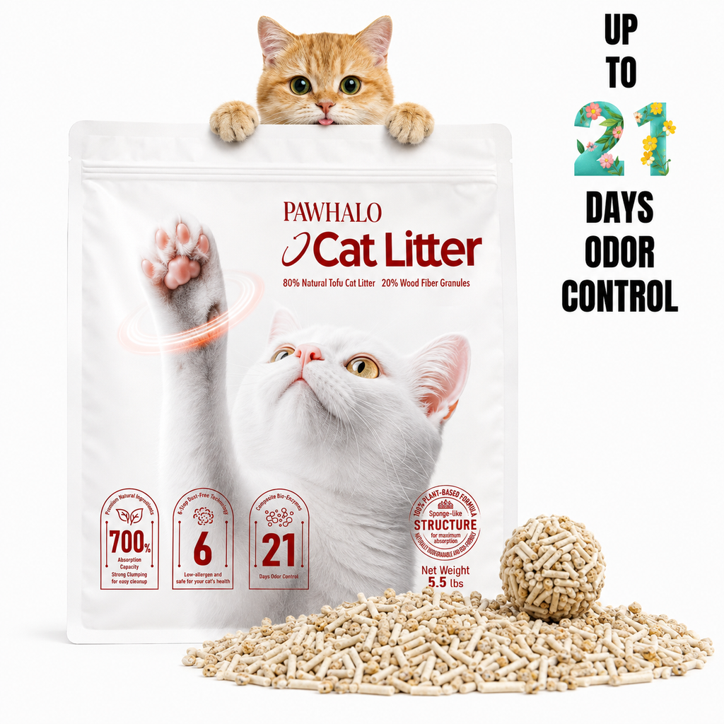 Ginger cat peeking over a bag of PawHalo tofu cat litter with a litter clump — up to 21 days of odor control