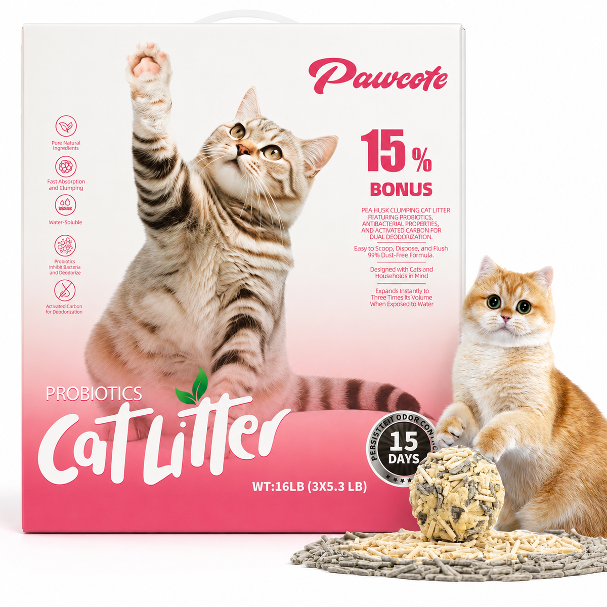 Pink PawCute probiotic tofu cat litter box, 16 lb with 15% bonus, beside a golden British Shorthair kitten and a litter clump