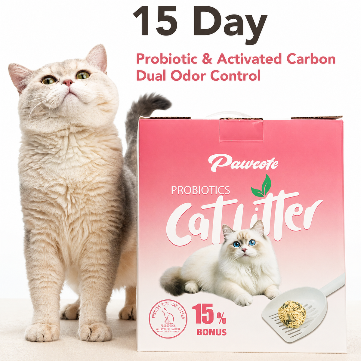 Cream long-haired cat beside the pink PawCute litter box — 15-day probiotic and activated carbon dual odor control