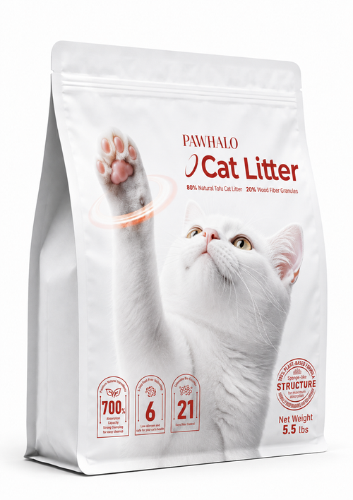 White PawHalo tofu cat litter bag, 5.5 lb — 80% natural tofu and 20% wood fiber with 21-day odor control